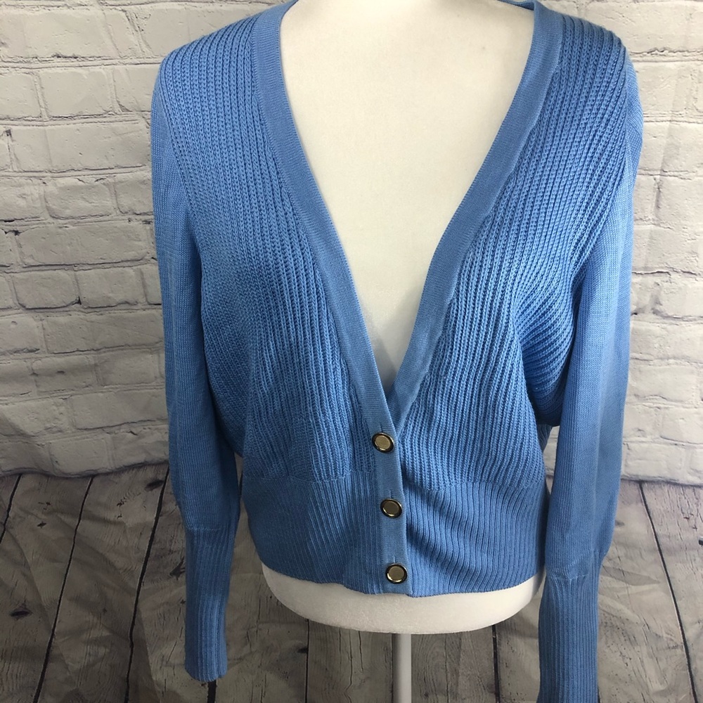 St. John Sport Womens Ribbed Button Front Cardigan Blue Size Large